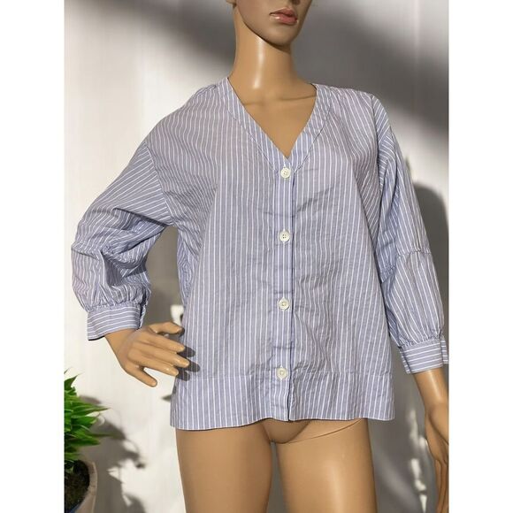 Everlane Striped Button Down Oversized Cotton V-Neck Blouse Blue Minimalist SZ 4 - Picture 1 of 10